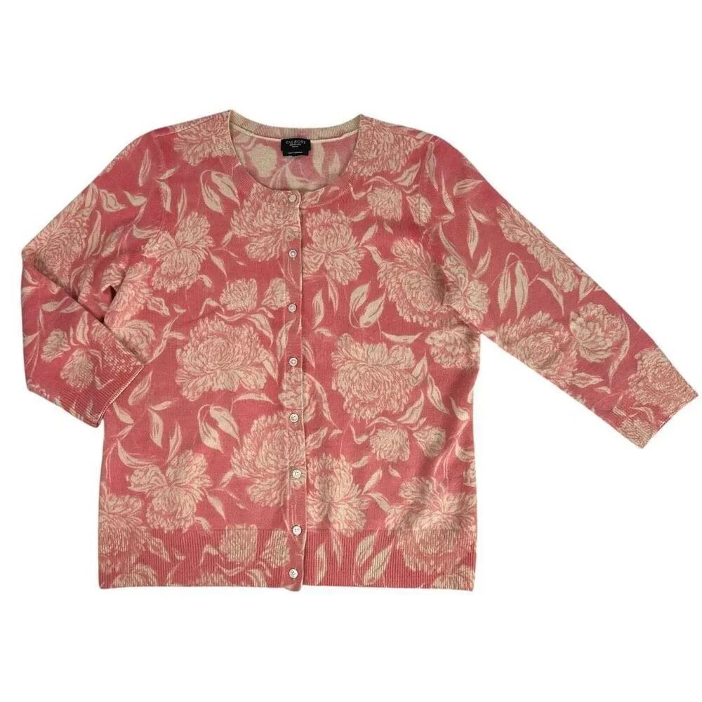 Talbots Small Petite Cashmere Cardigan Pink Cream Floral